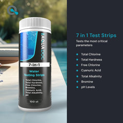 MAV AquaDoc 7-in-1 Pool Test Strips showing individual strips