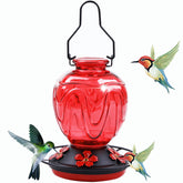 MCHBF Glass Hummingbird Feeder red jar front view with feeding ports