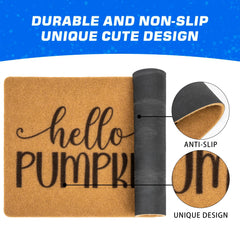 Mealah Hello Pumpkin Welcome Doormat in outdoor setting