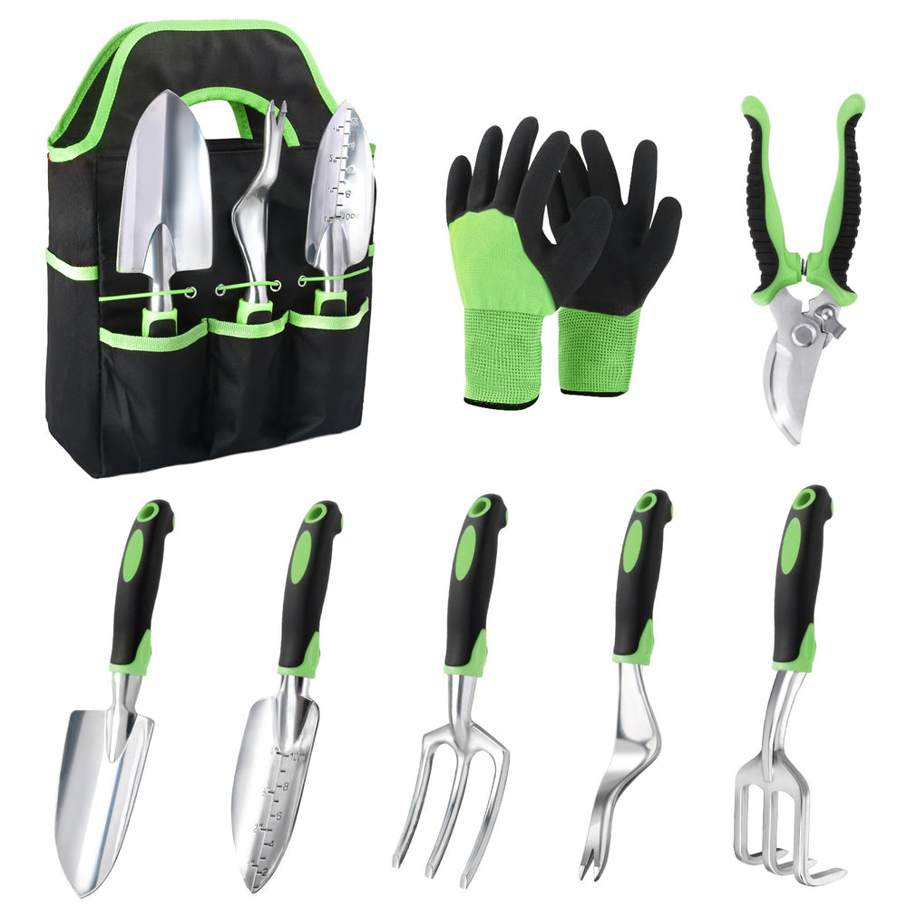MECHEER 8-piece gardening tools set with ergonomic handles in green
