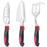 MECHEER Garden Tools Set including trowel, rake, and spade in red