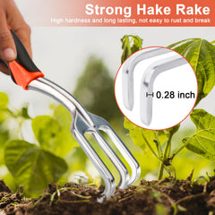 MECHEER Hand Rake Garden Tool on a garden table