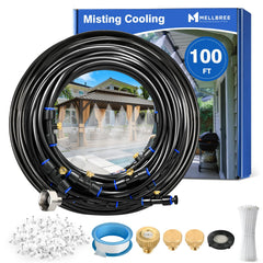 Mellbree 100FT misting system with brass nozzles in a garden setting