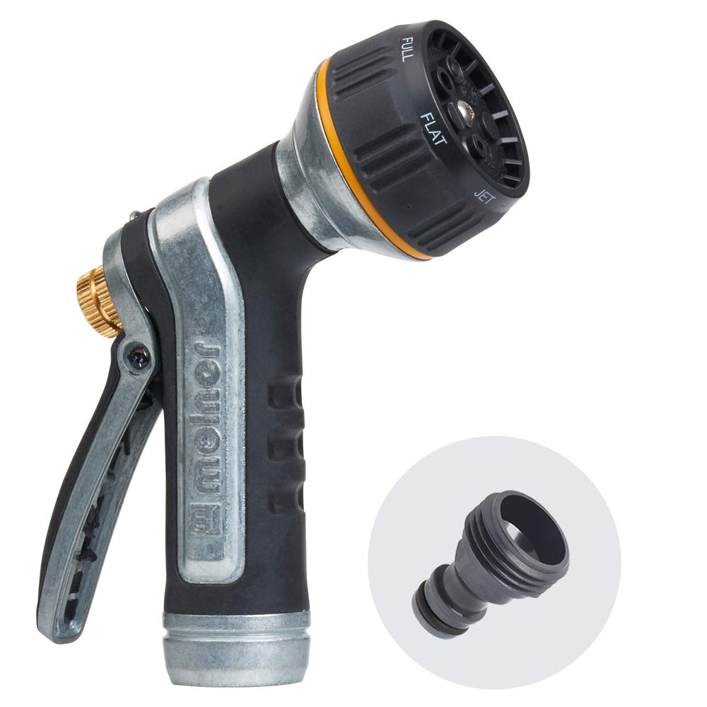 Melnor 7-Pattern Hose Nozzle front view showcasing metal construction