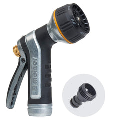 Melnor 7-Pattern Hose Nozzle front view showcasing metal construction