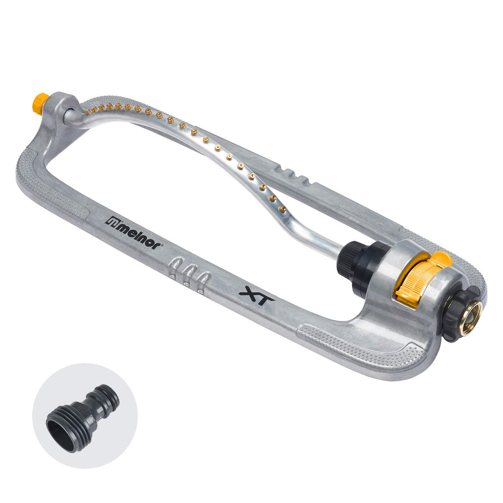 Melnor Metal Turbo Oscillating Sprinkler front view with brass nozzles