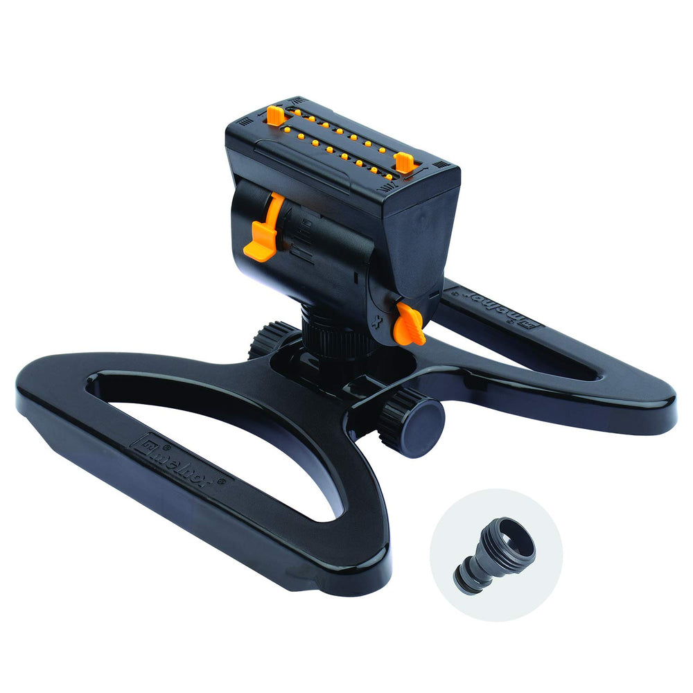 Melnor Mini Oscillating Sprinkler front view in black and yellow