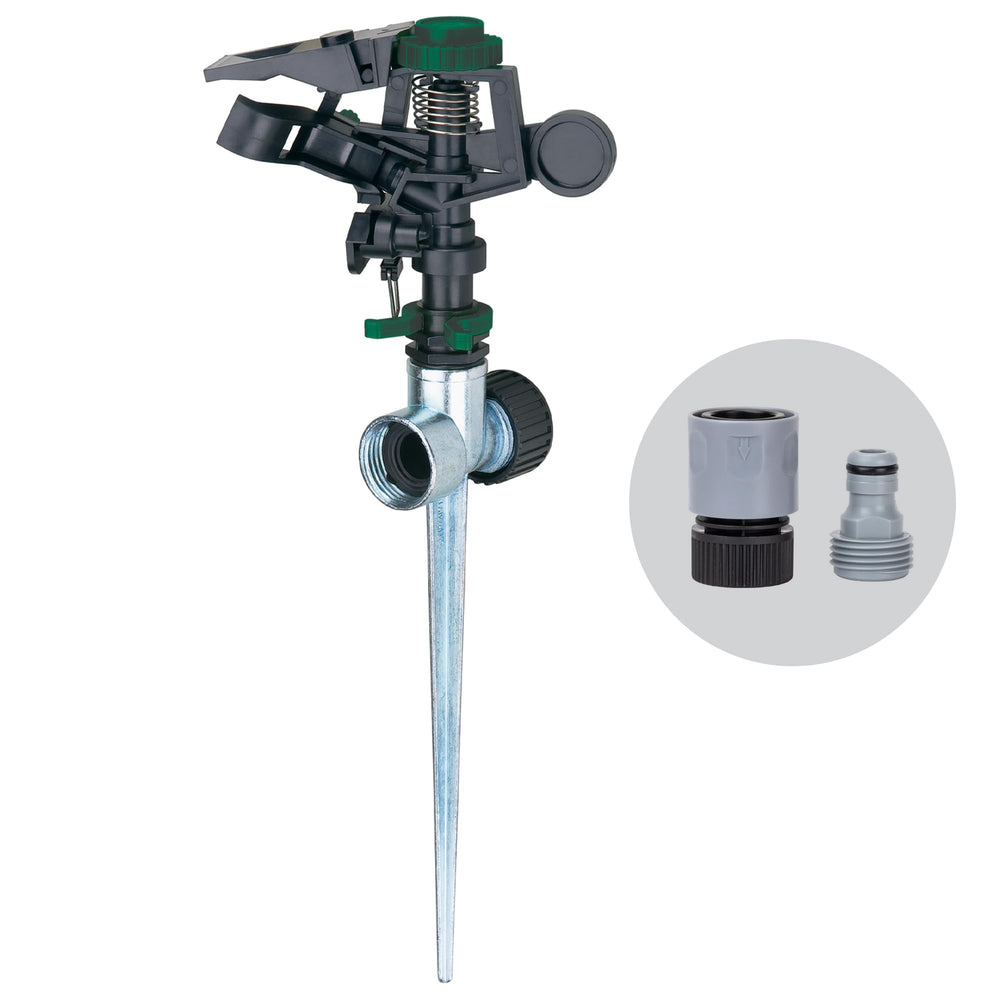 Melnor Pulsating Sprinkler black and green model on a metal spike