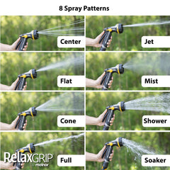 Melnor RelaxGrip Hose Nozzle side view, showcasing spray patterns