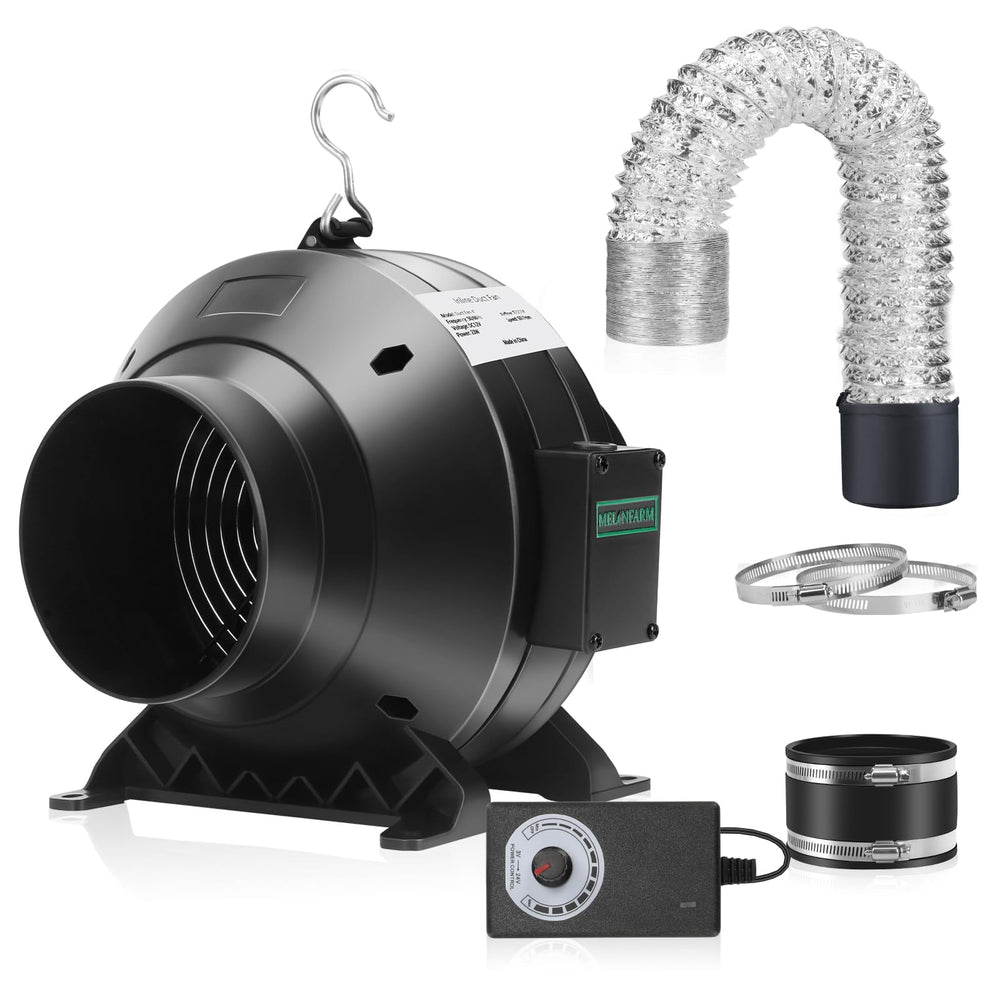 MELONFARM 4" Inline Duct Fan front view with speed controller