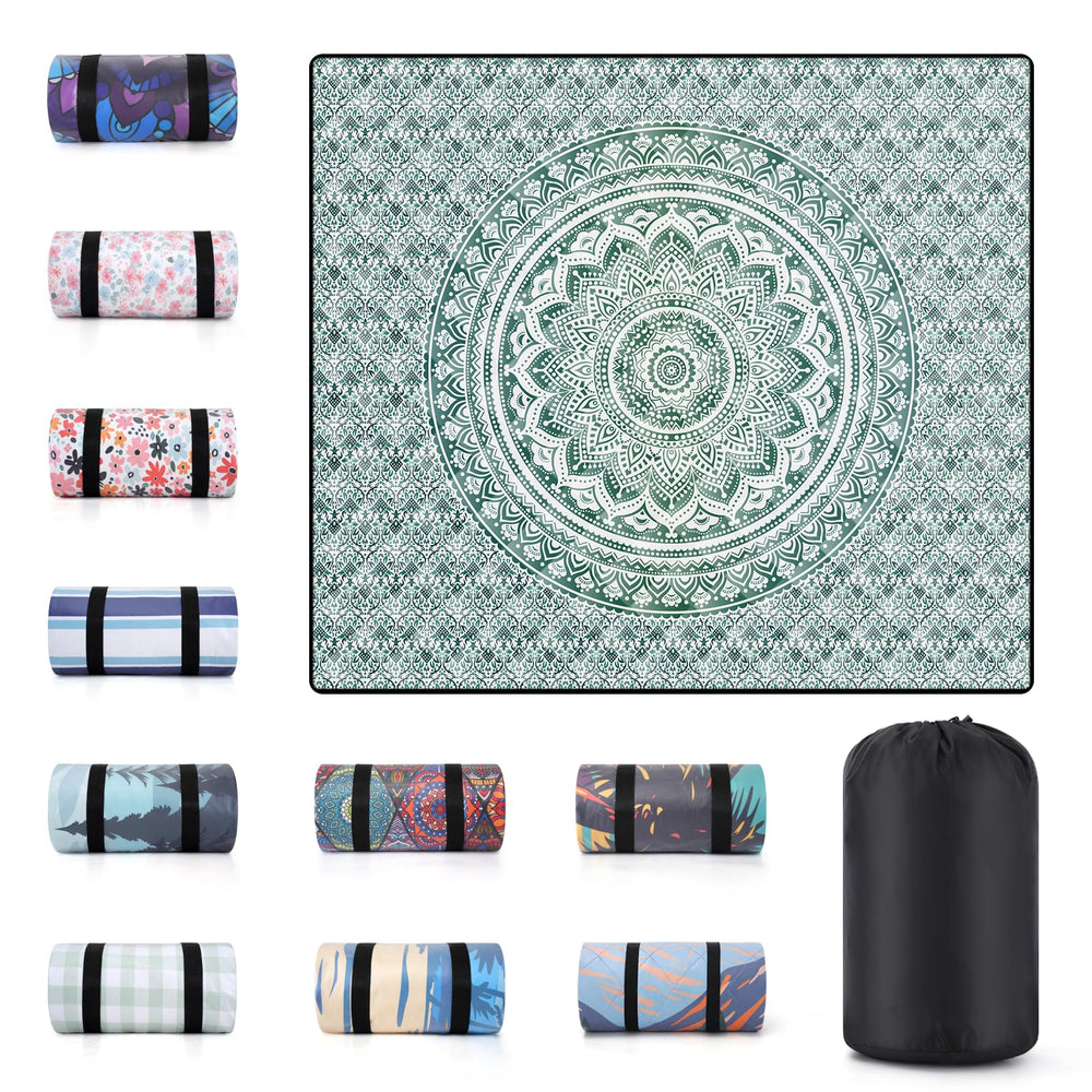 memKiya 60x80" waterproof picnic blanket folded in green mandala design