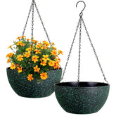 Meowell 12 inch black hanging planter with green speckles front view