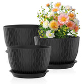 Meowell 12-inch black plant pot front view with ripple design
