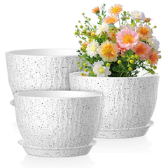 Meowell 12-inch flower pot with drainage tray in speckled white