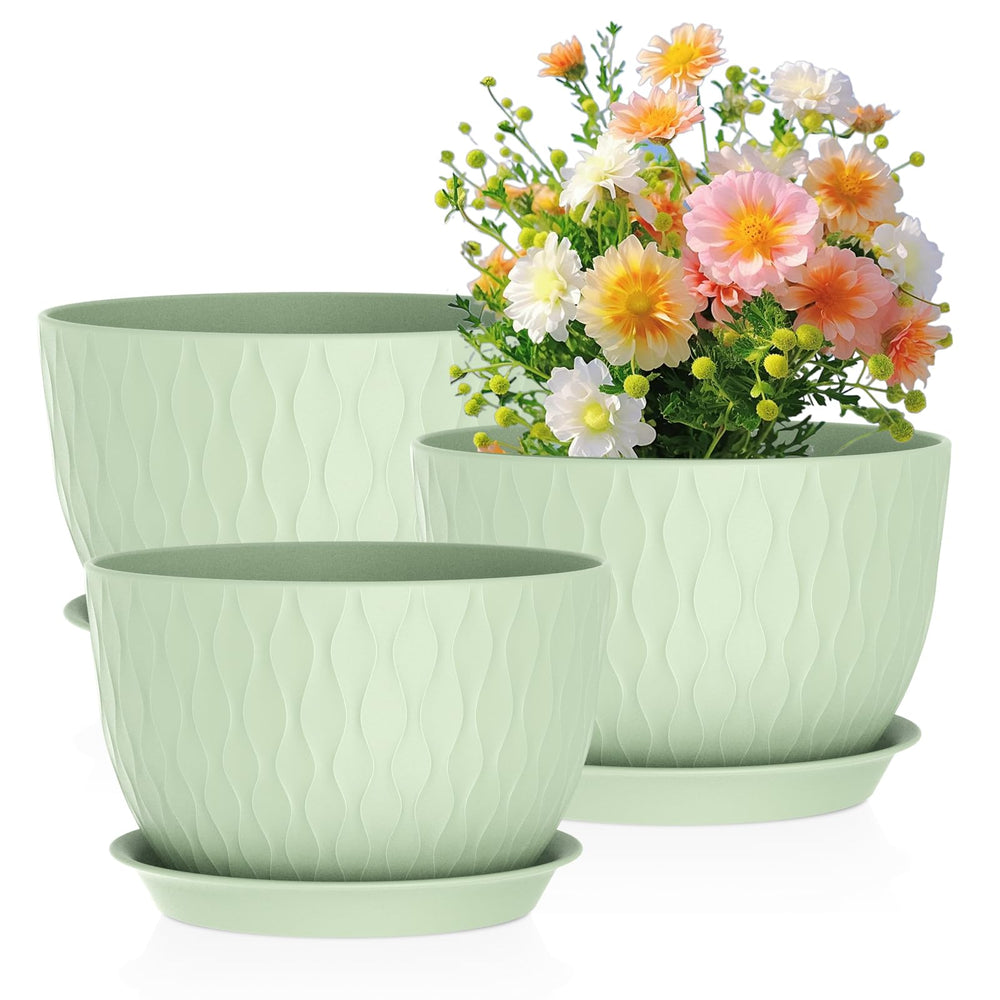 Meowell Large Flower Pots Set of 3, Green, 12 inch, 10 inch, 9 inch