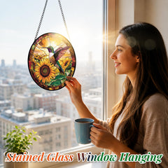 Meyocky Hummingbird Suncatcher hanging in a window with sunlight filtering through