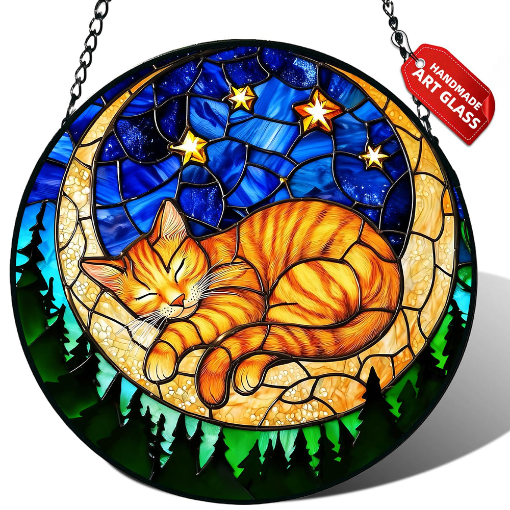 Meyocky Orange Cat Stained Glass Suncatcher front view