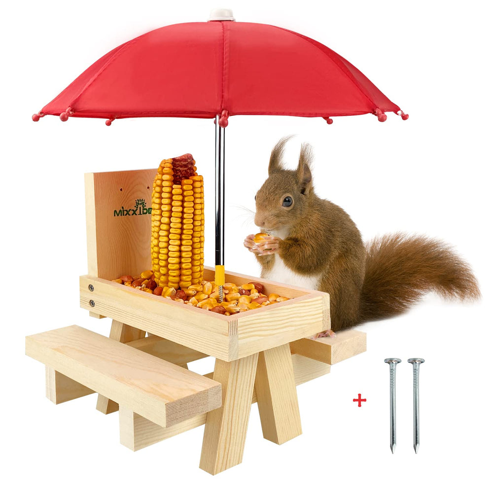MIXXIDEA Squirrel Feeder Table with red umbrella front view