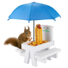 MIXXIDEA Squirrel Feeder Table with red umbrella front view