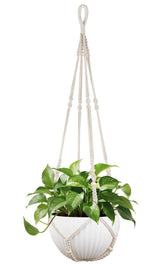 Mkono 43 inch macrame plant hanger in ivory color hanging with plant