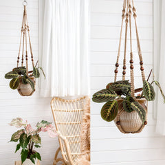 Mkono macrame plant hanger displayed with a plant in a living room