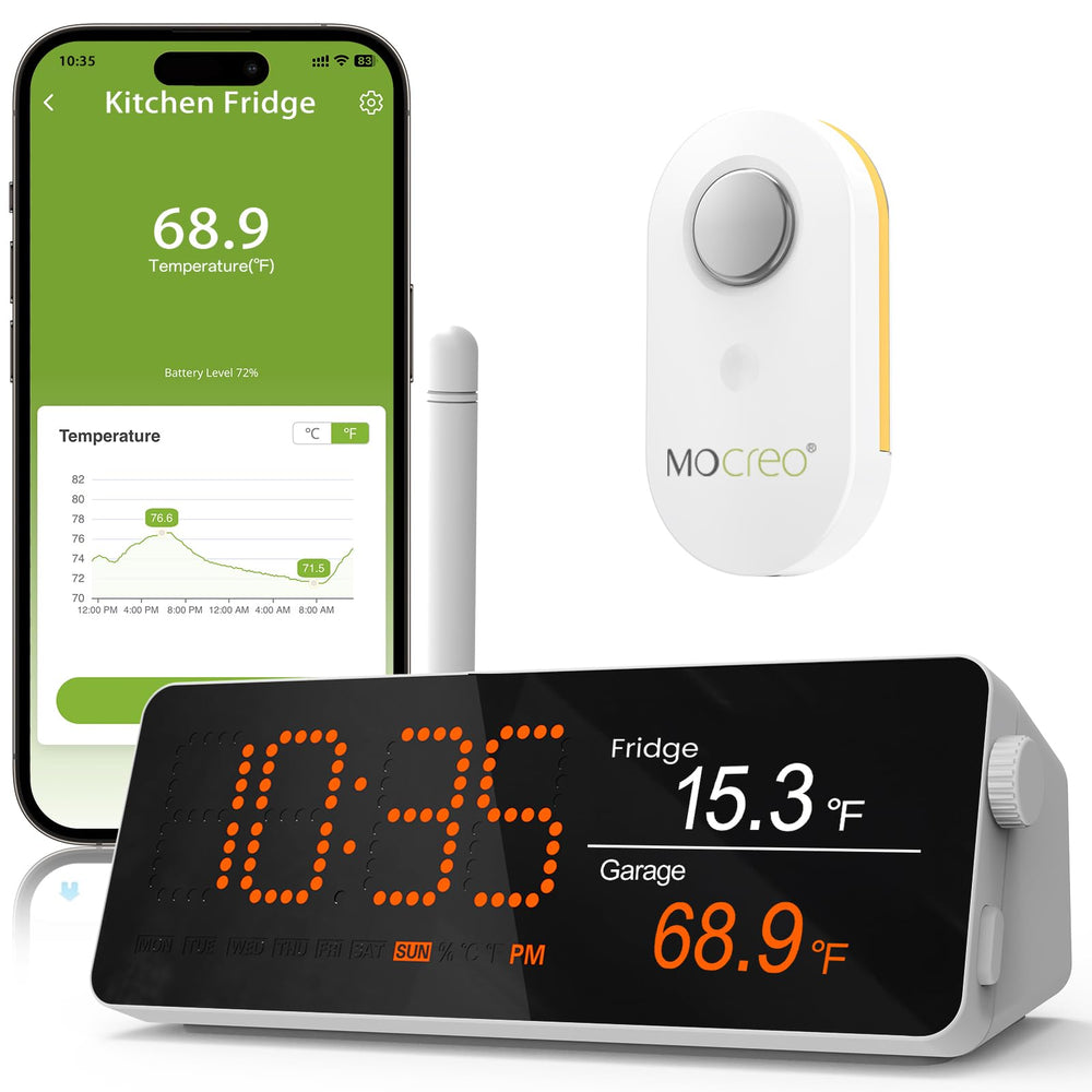 MOCREO WiFi Refrigerator Thermometer front view with LCD display