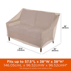 MODERN LEISURE Chalet Patio Loveseat Cover side view with tie closures