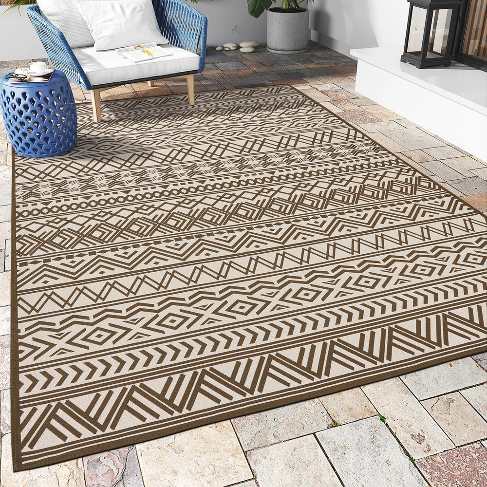 MontVoo Outdoor Rug 6x9 ft brown flatweave design front view