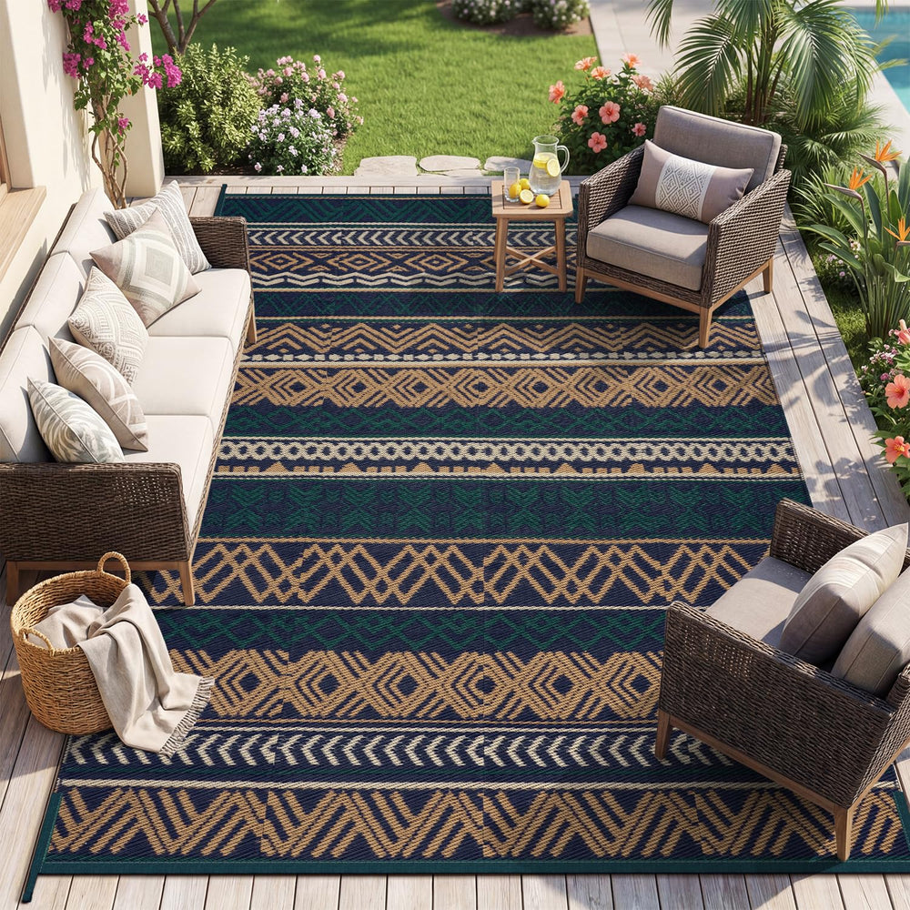 MontVoo Outdoor Rug 8x10 in navy and green front view