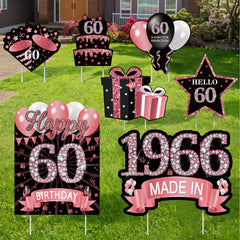 MOORAY 7Pcs Rose Gold 60th Birthday Yard Sign Set with various designs
