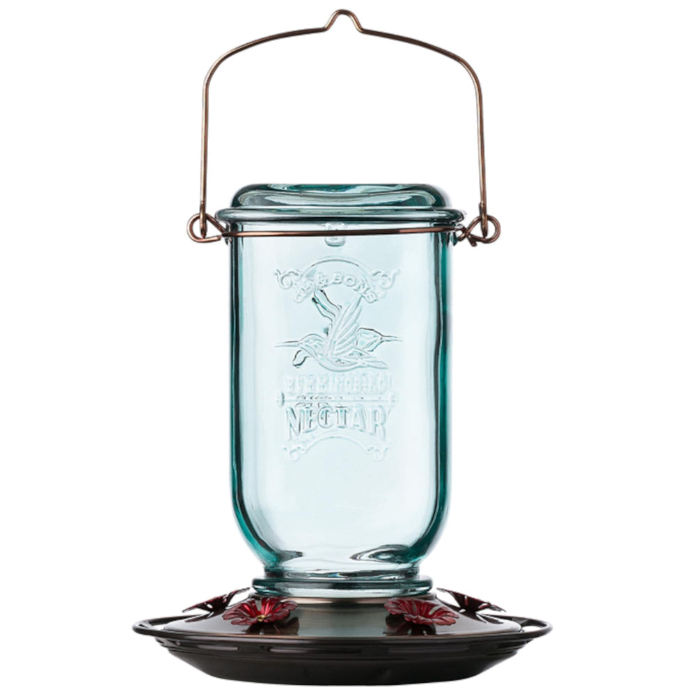 More Birds Mason Jar Hummingbird Feeder front view with aqua-tinted glass