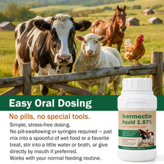MORF Ivermectin Solution displayed with livestock feed