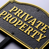 Morgtta Private Property Yard Sign front view in gold black