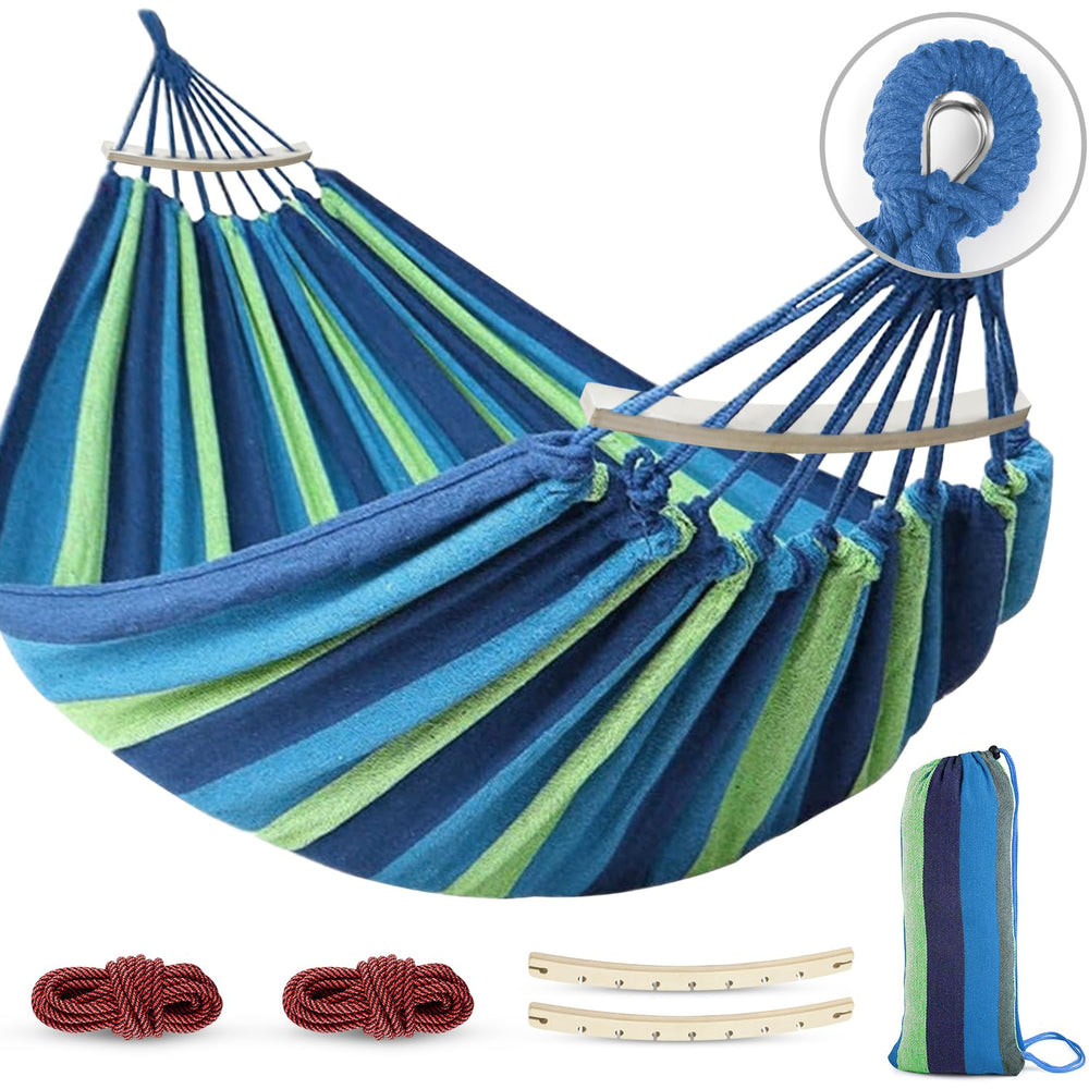MOSFiATA Portable Camping Hammock in Blue Green Stripe front view
