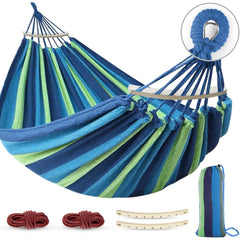 MOSFiATA Portable Camping Hammock in Blue Green Stripe front view