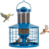 Mosloly Caged Bird Feeder blue model front view with clear seed tube