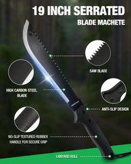 Mossy Oak machete with sheath displayed on a wooden surface
