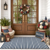 Moucuny 3' X 5' outdoor rug with navy and white stripes front view