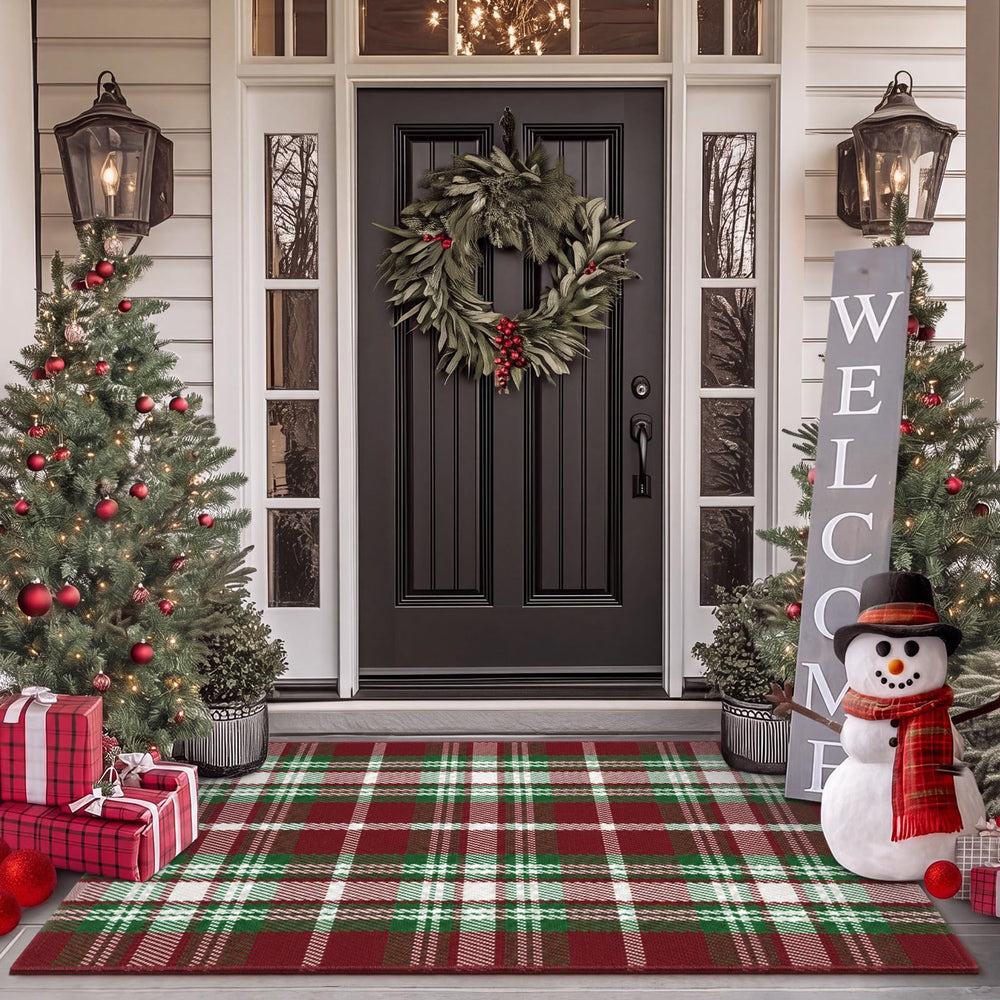 Moucuny Christmas Plaid Rug in red, green, and white front view