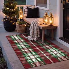Moucuny Christmas Plaid Rug under a small Christmas tree