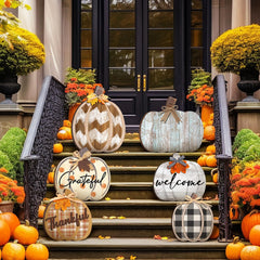 Moucuny pumpkin signs arranged on a porch for fall decoration