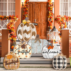 Moucuny set of 6 colorful wooden pumpkin signs displayed outdoors