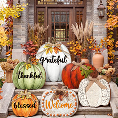 Moucuny wooden pumpkin porch sign front view with autumn colours