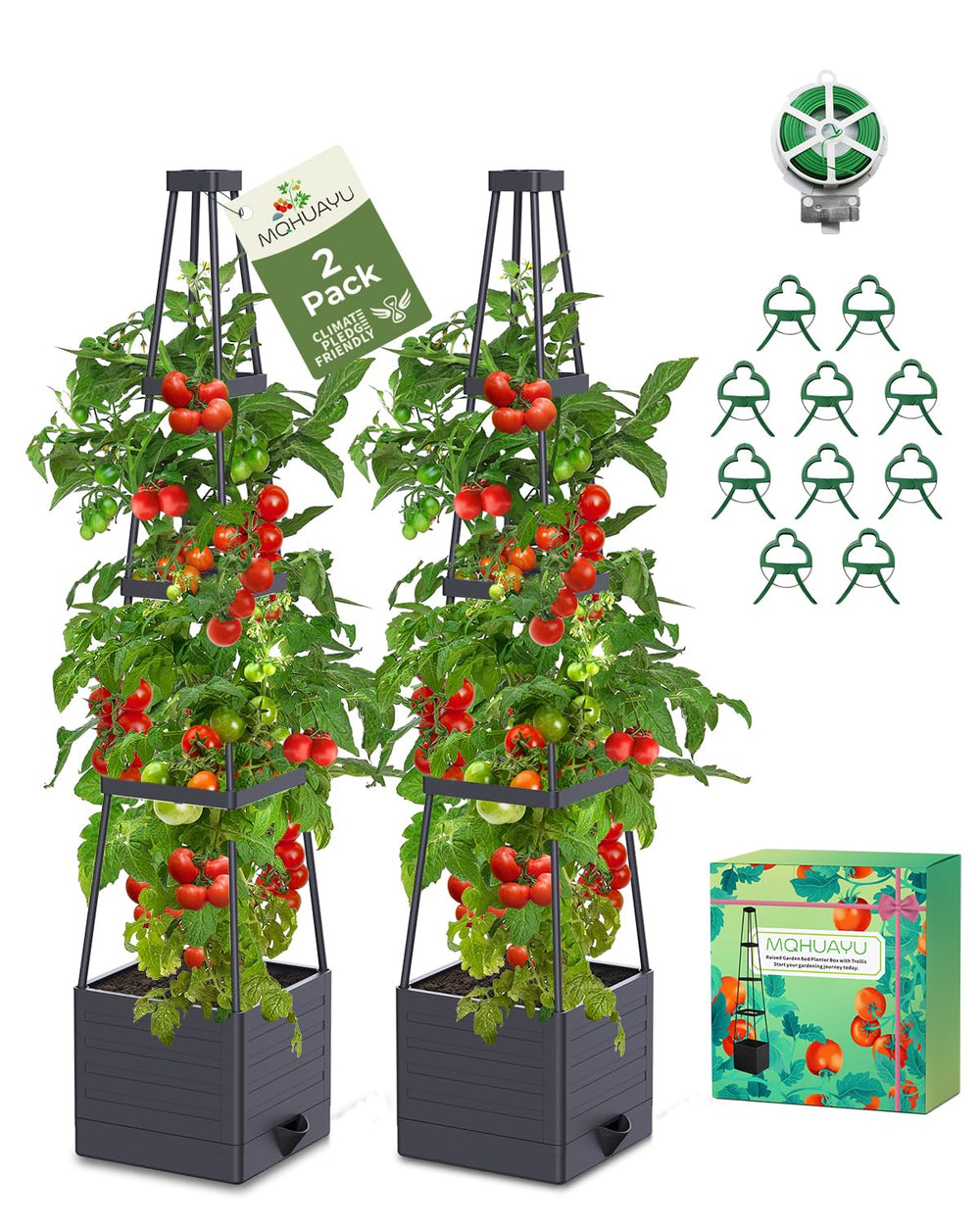 MQHUAYU 2-Pack Tomato Planter with trellis front view