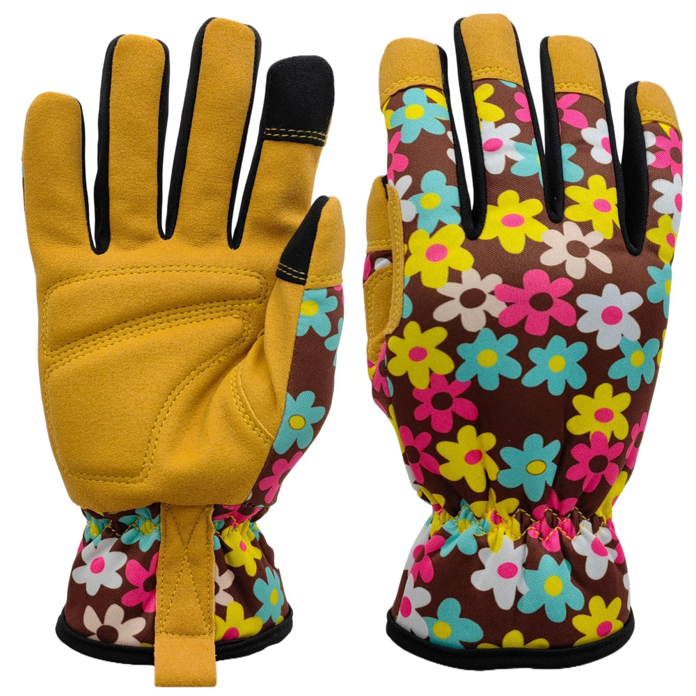 MSUPSAV Gardening Gloves large size, yellow with floral design, front view