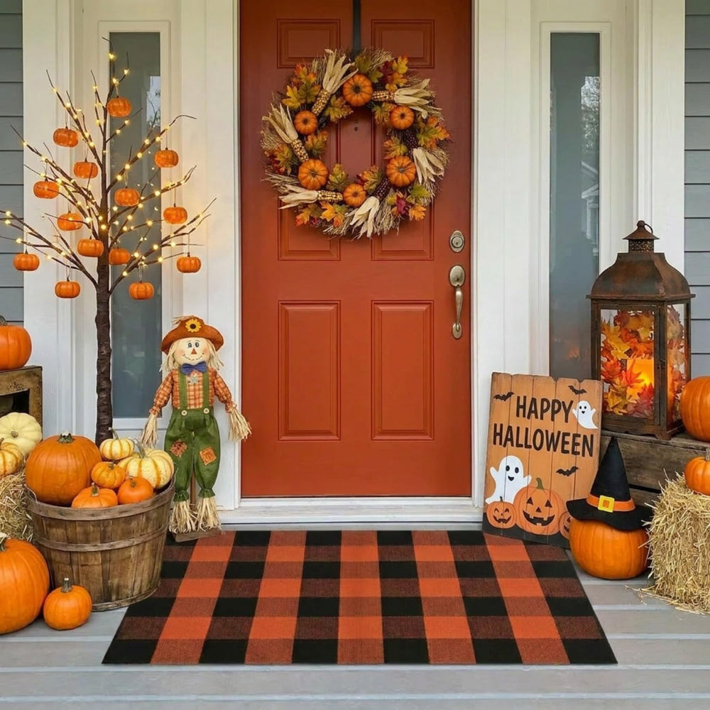 MUBIN Buffalo Plaid Rug front view, orange and black