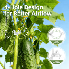 Multiple CLEANGOR Plant Support Clips holding cucumber vines