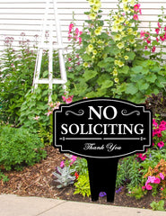 multiwins No Soliciting Sign installed in a garden setting