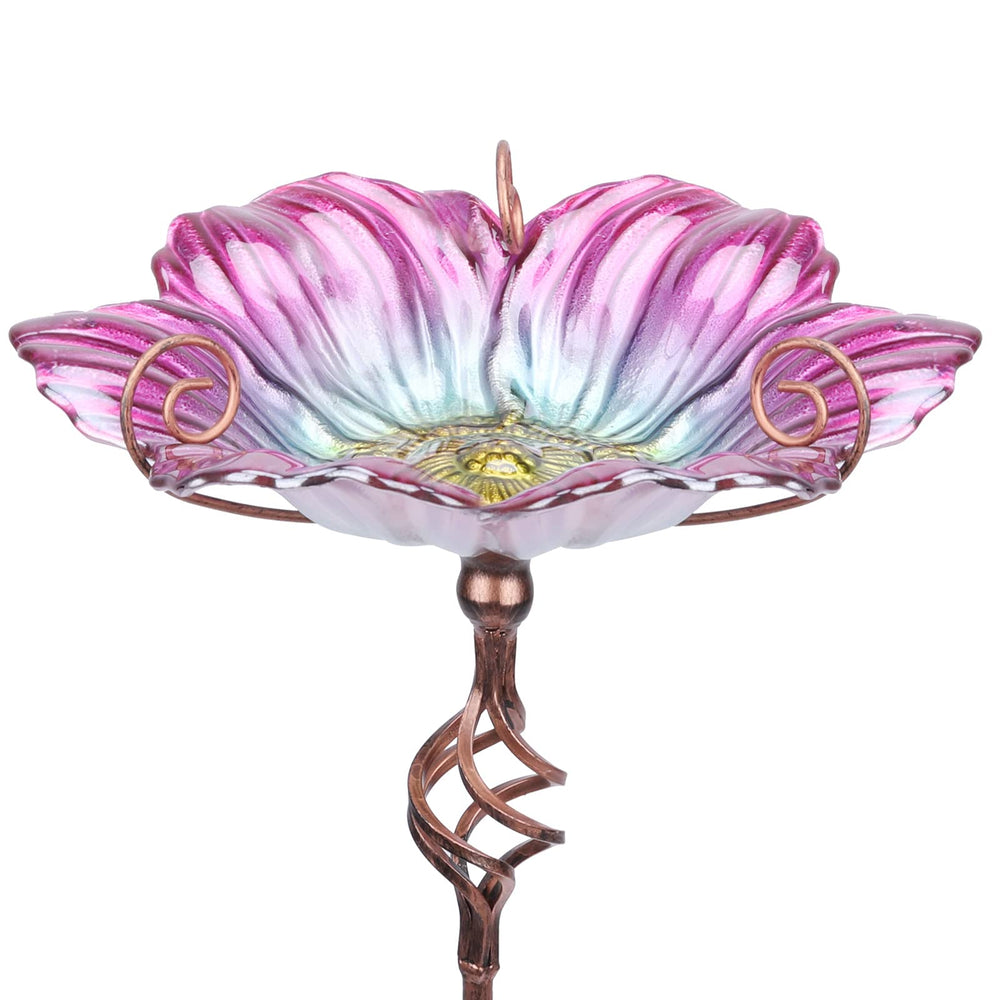 MUMTOP Glass Birdbath front view with pink bowl and metal stake
