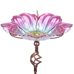 MUMTOP Glass Birdbath front view with pink bowl and metal stake